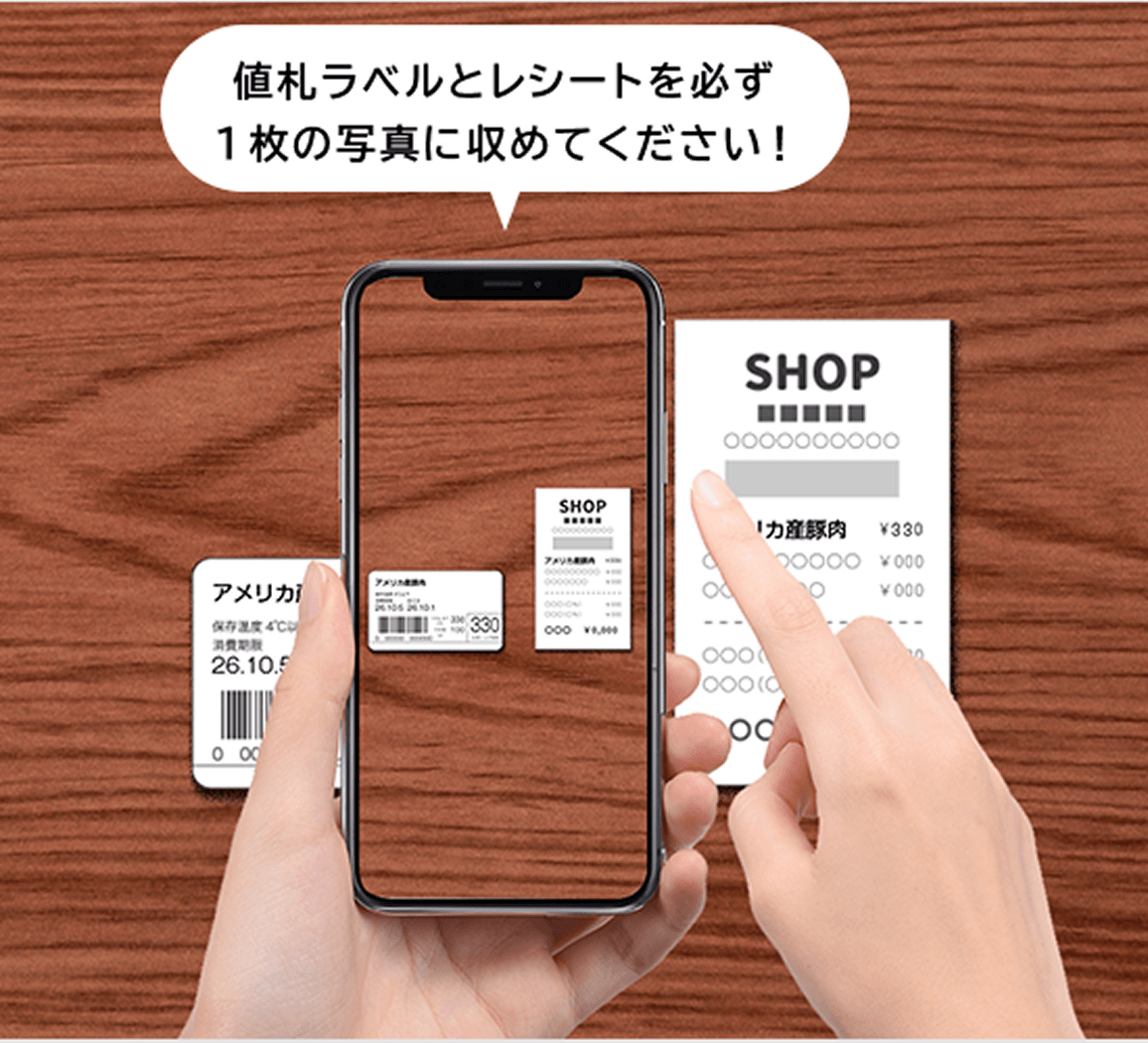 値札ラベルとレシートを必ず1枚の写真に収めてください！
